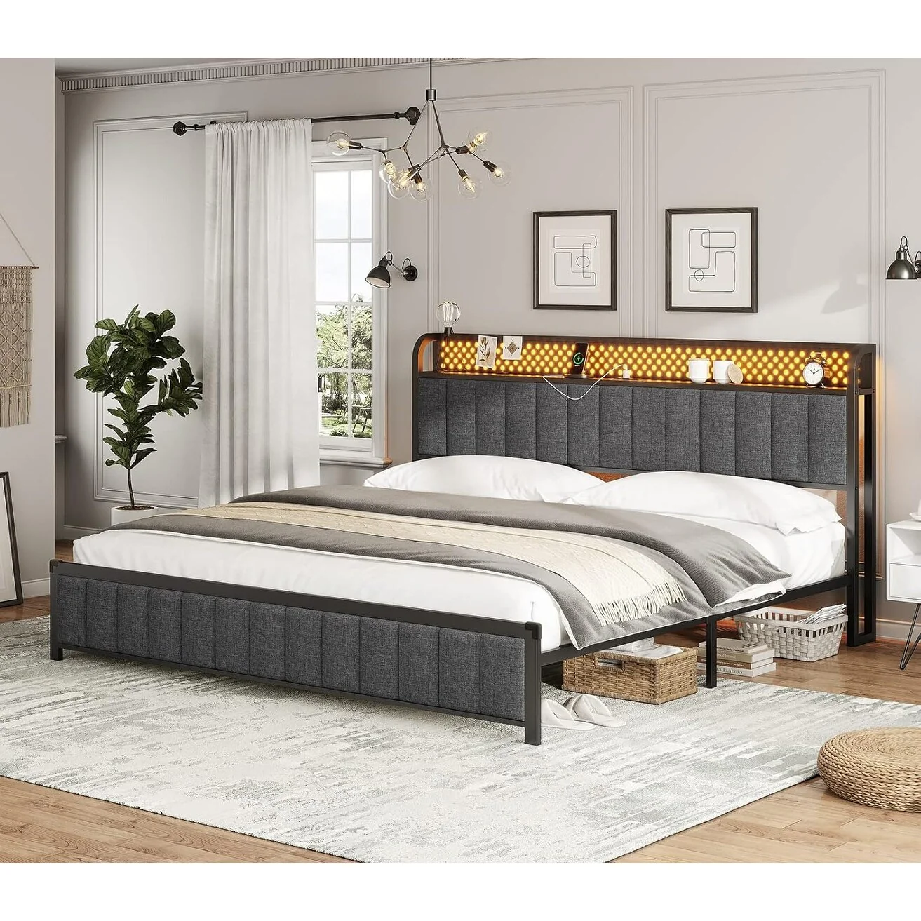 Bed Frame Storage Headboard LED Lights Platform Bed Metal USB Ports