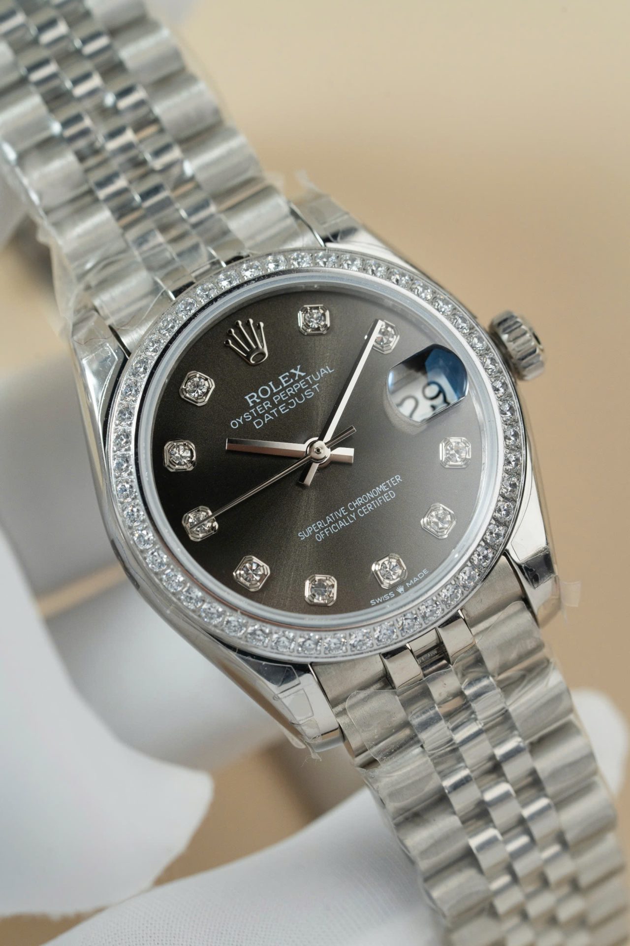 Rolex Datejust 316L Steel Grey Dial CZ Diamonds 31mm Jub AAA Replica