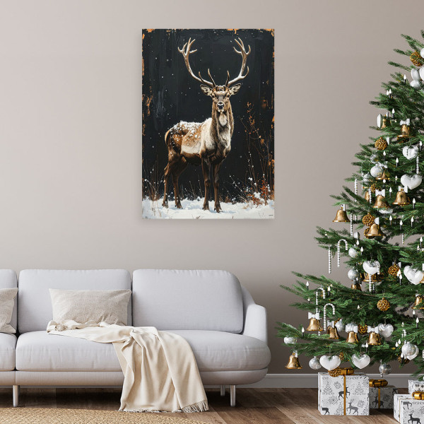 Obraz do salonu jadalni biura, Renifer zima śnieg choinki 20x30