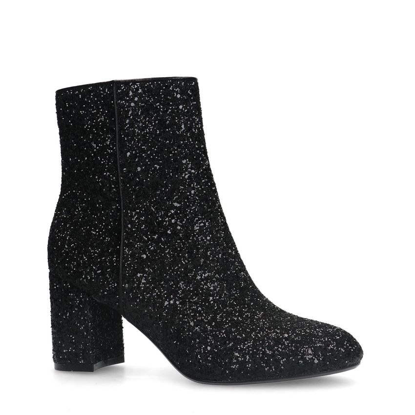 Manfield Zwarte glitter enkellaarsjes met hak