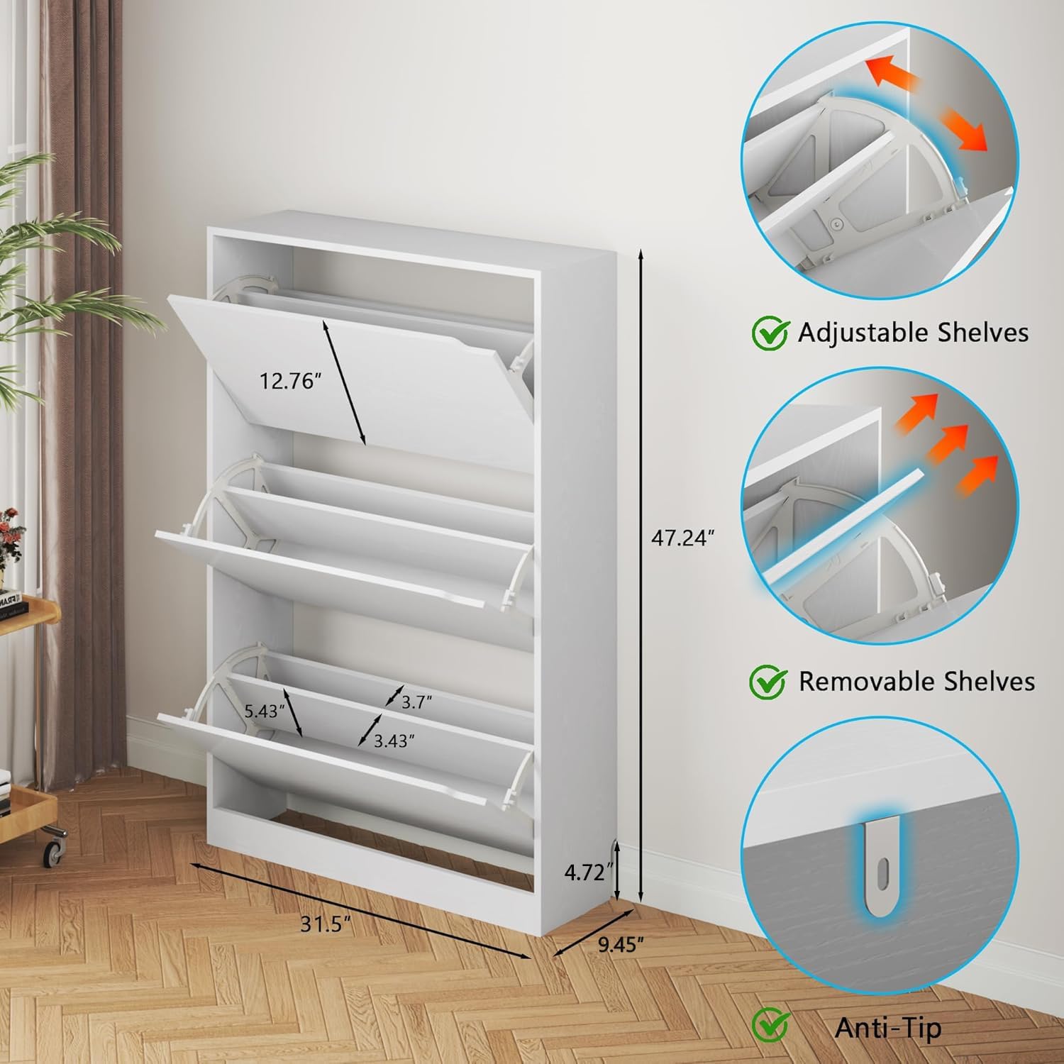 BORNOON Shoe Cabinet with 3 Flip Drawers, Hidden Wood Shoe Cabinet,Freestanding Shoe Storage Cabinet for Entryway Hallway.White. 47.2 H*31.5 W*9.45 D.