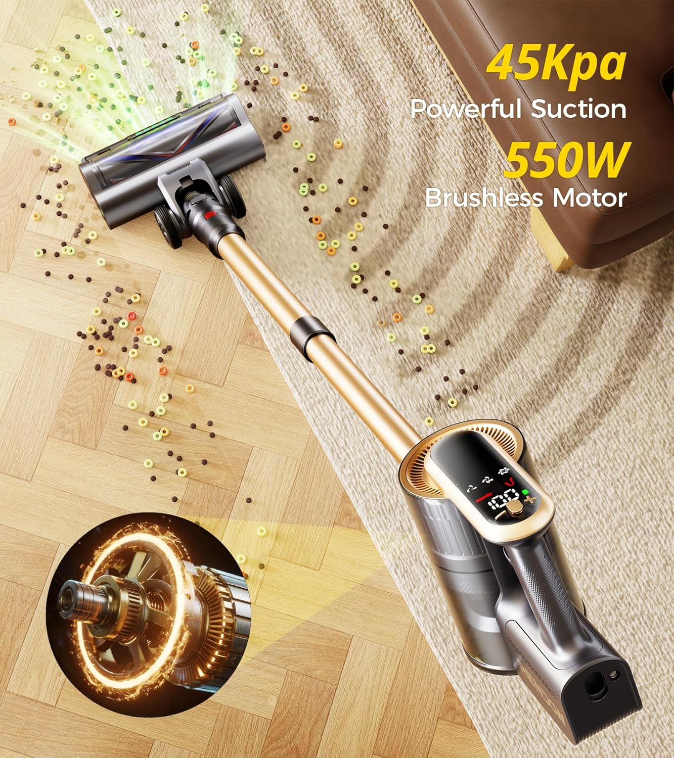 RENDOW Cordless Vacuum Cleaner, 550W 45Kpa 65Mins Vacuum Cleaners for Home, Self-Standing Cordless Stick Vacuum with LED Display,Anti-Tangle Rechargeable Wireless Vacuum for Pet Hair/Carpet/Hard Floor