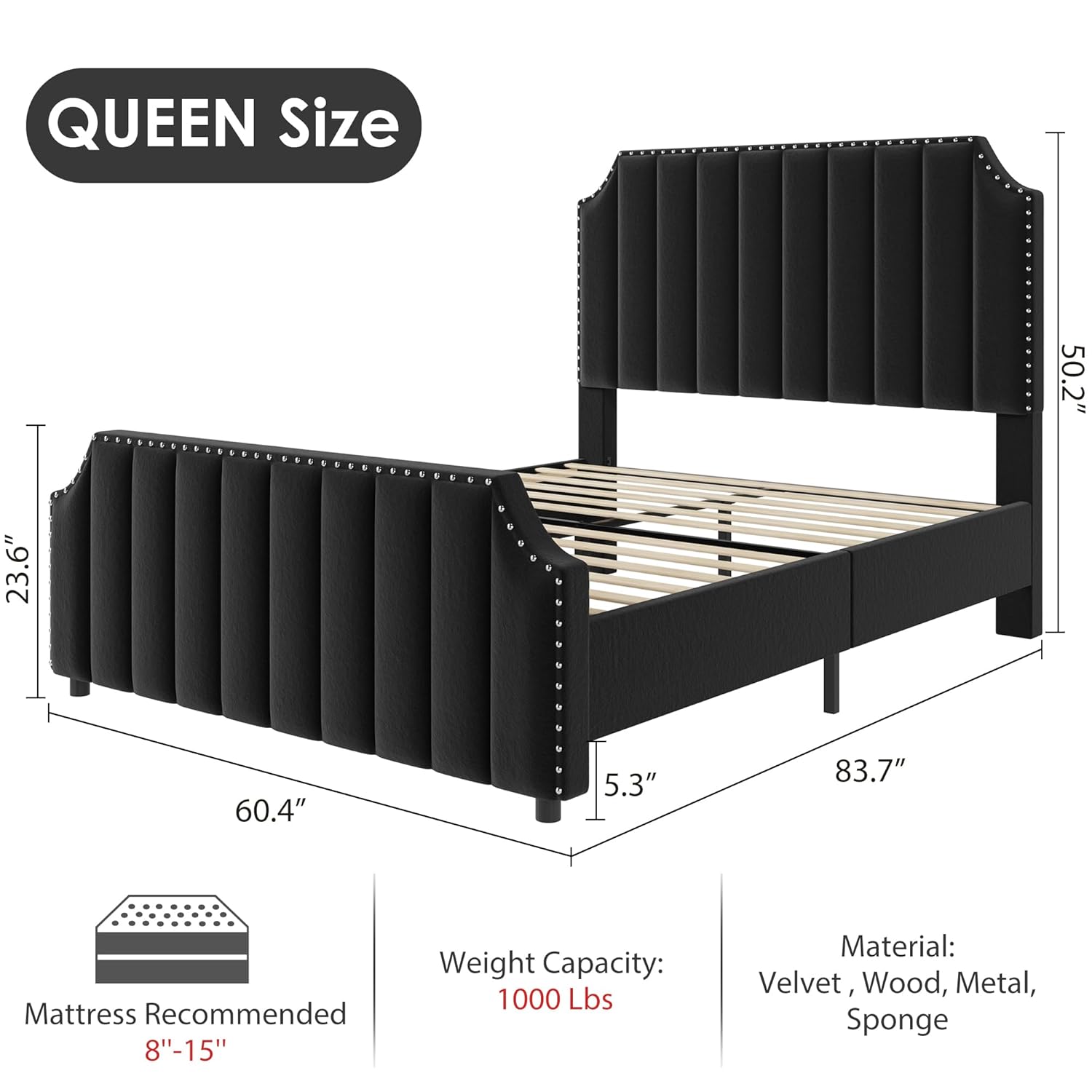 GarveeHome Queen Size Platform Bed Frame with 50.2 in Tall Headboard, Velvet Upholstered Bed Frame Queen with Vertical Channel Tufted Headboard & Footboard, Nailhead Trim, No Box Spring Needed, Black