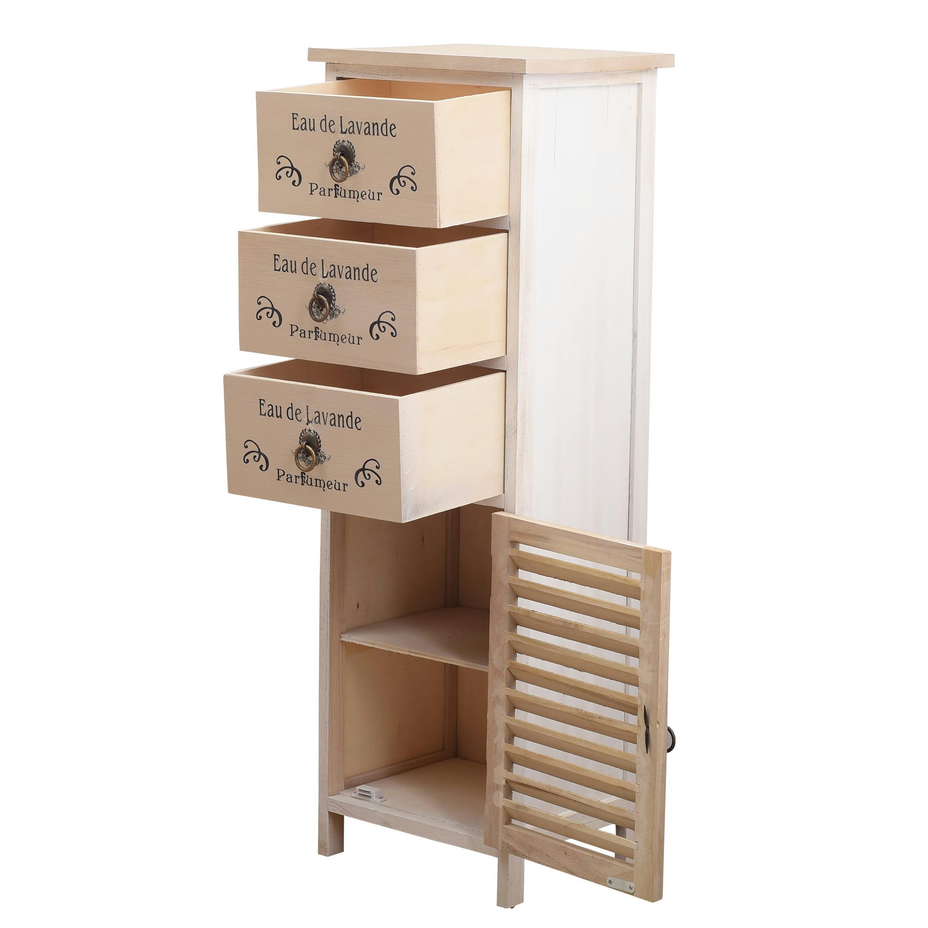 - Cabinet de rangement avec 3 tiroirs porte en bois blanc et beige