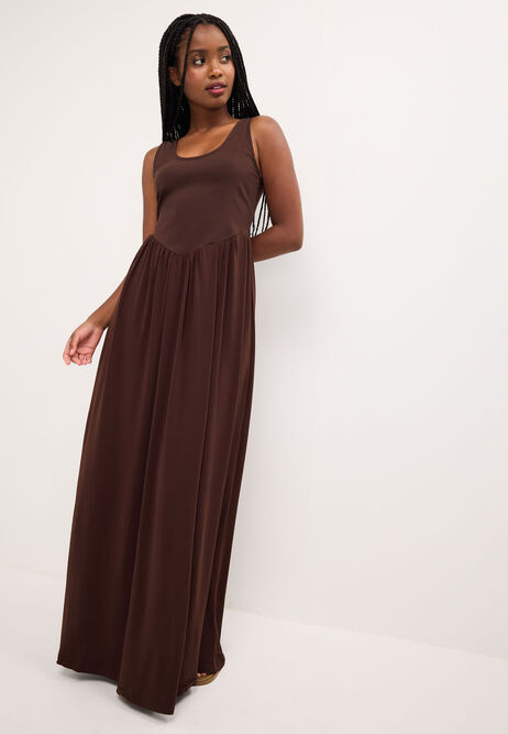Womens Chocolate Brown Scoop Neck 2-in-1 Midi Dress