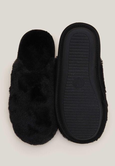 Womens Black Faux Fur Fluffy Mule Slippers
