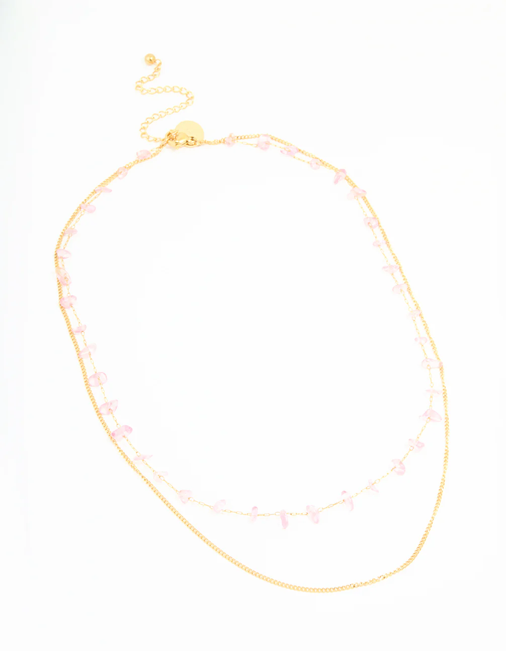 Waterproof Gold Plated Stainless Steel Pink Semiprecious Stone & Chain Layered Necklace