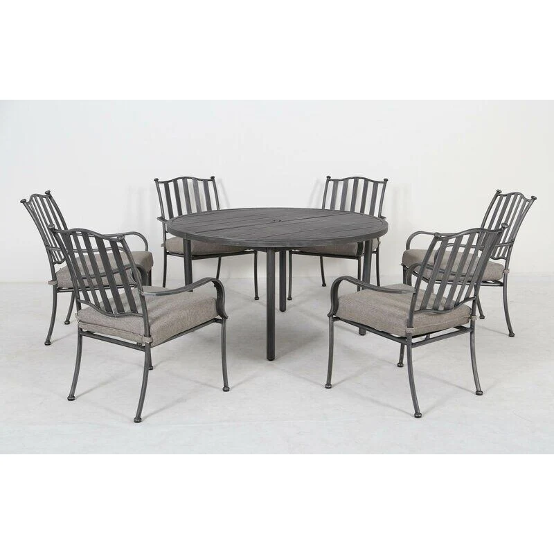 Pacific Casual Columbus Circle 7pc Modern Steel Dining Set, Brown/Beige Cushions