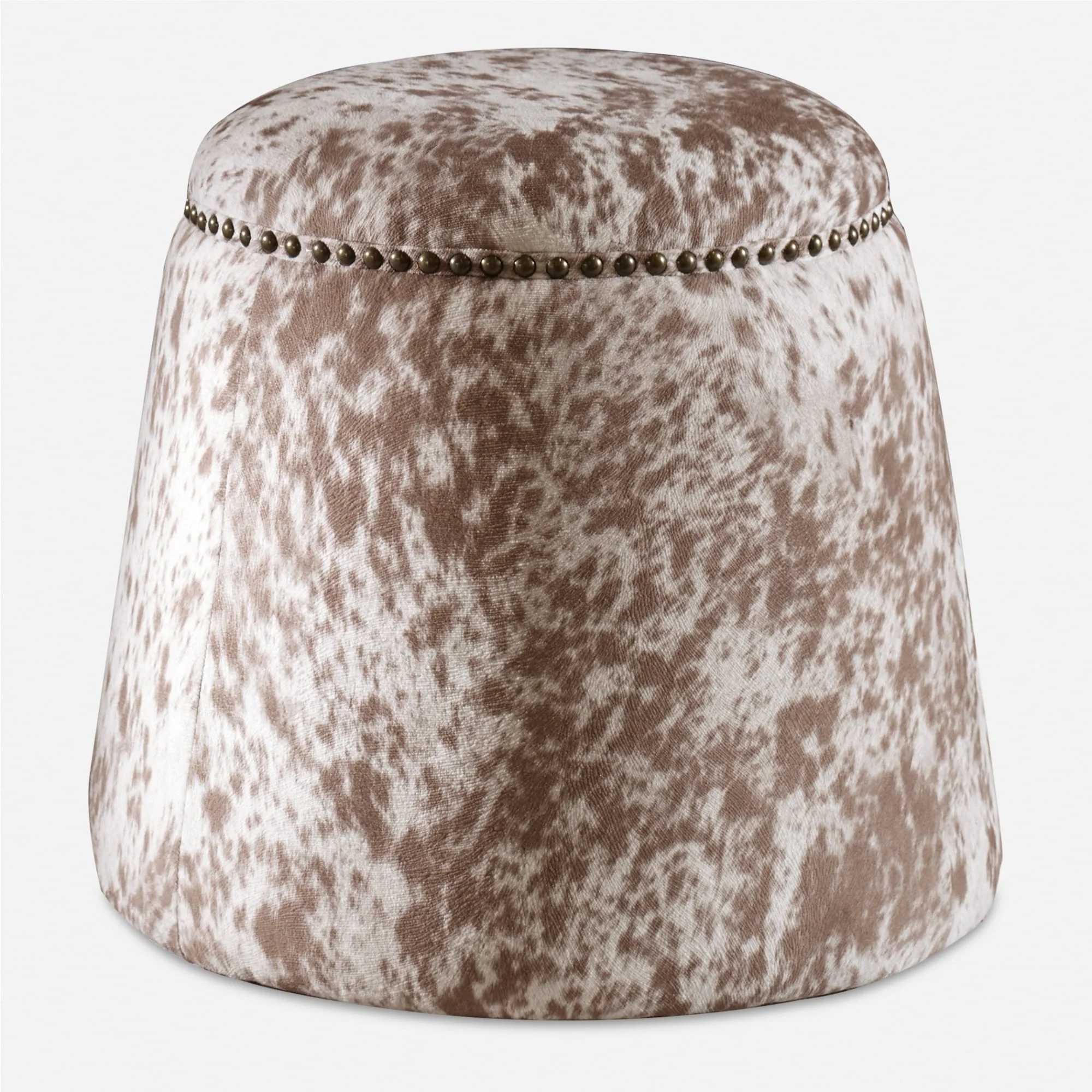 Cow Hide Pouf Ottoman with Nail Heads - 17 - Brown and White