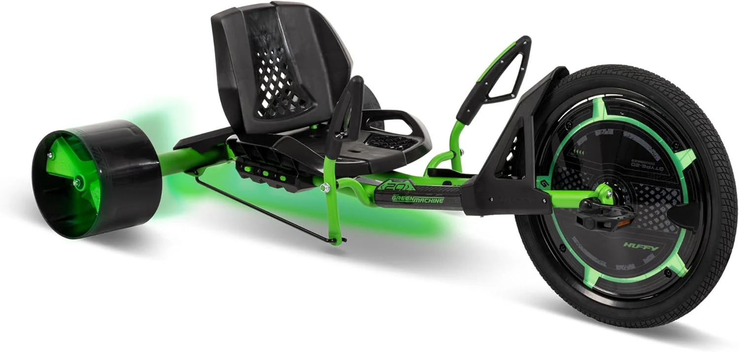20 Drift Tricycle for Kids 8+, Adjustable Seat, LED Lights  Foot Brake, Green/Black