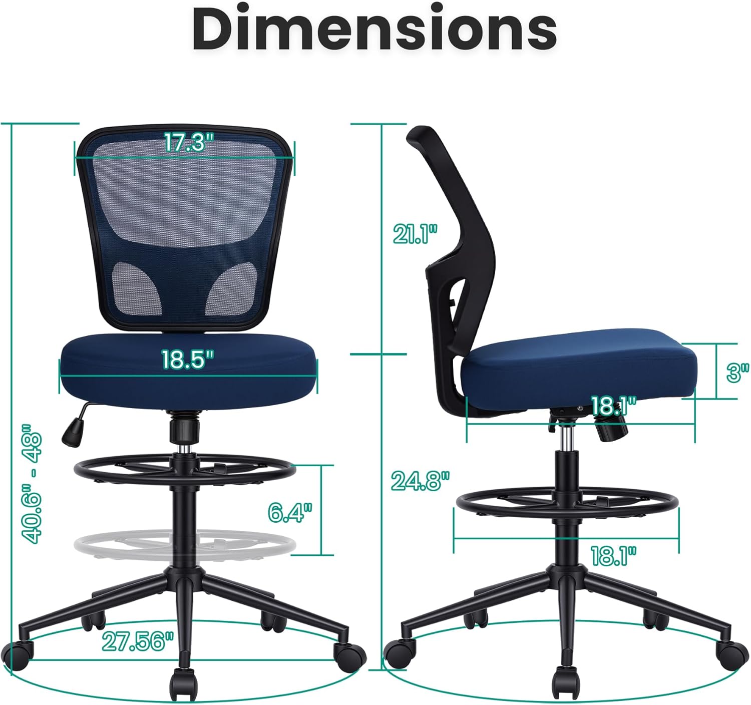 Armless Drafting Chair Tall Office Chair for Standing Desk - Adjustable Height Mesh Ergonomic Drafting Stool with Foot Ring & Wheels, Rolling Counter Height Computer Chair for Home Office