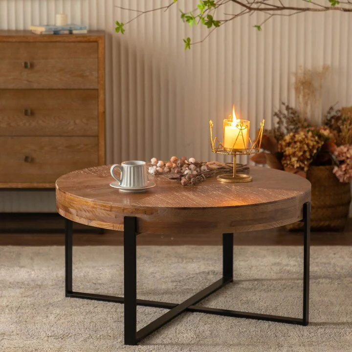 Modern Retro Splicing Round Coffee Table with Cross Legs