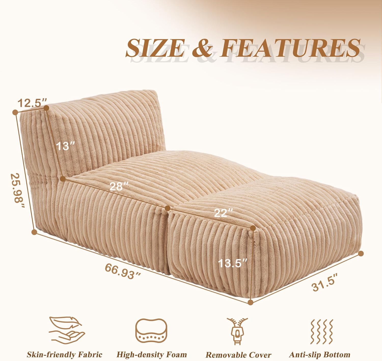 Hobestluk Big Bean Bag Lounger Chairs Large Beanbag Chair for Adults Bean Bag Sofa with Memory Foam Filled for Living Room, Bedroom or Balcony (Stripe Khaki)