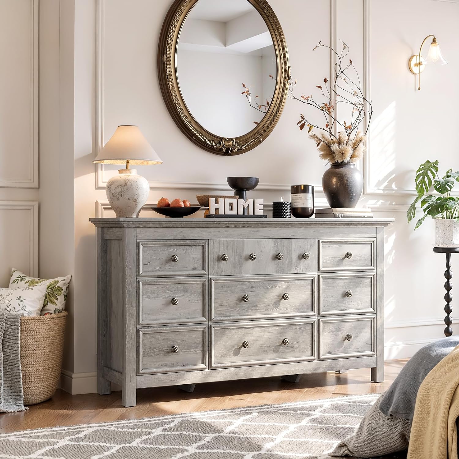 LGHM Dressers for Bedroom with 9 Drawers, 9 Drawer Dresser with Textured Borders, 58 W Chest of Drawers Closet Organizers and Storage Clothes - 6 Deep Drawer for Bedroom, Living Room,Gray