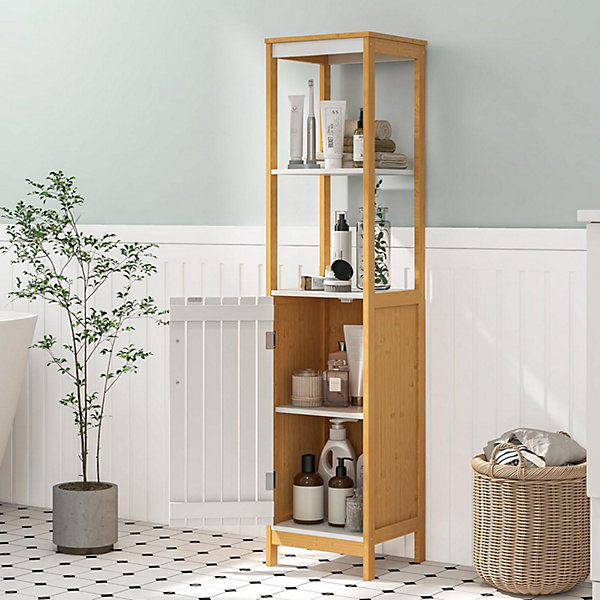 Armoire Haute Autoportante de Salle de Bain Etagere Reglable en Bambou Naturel