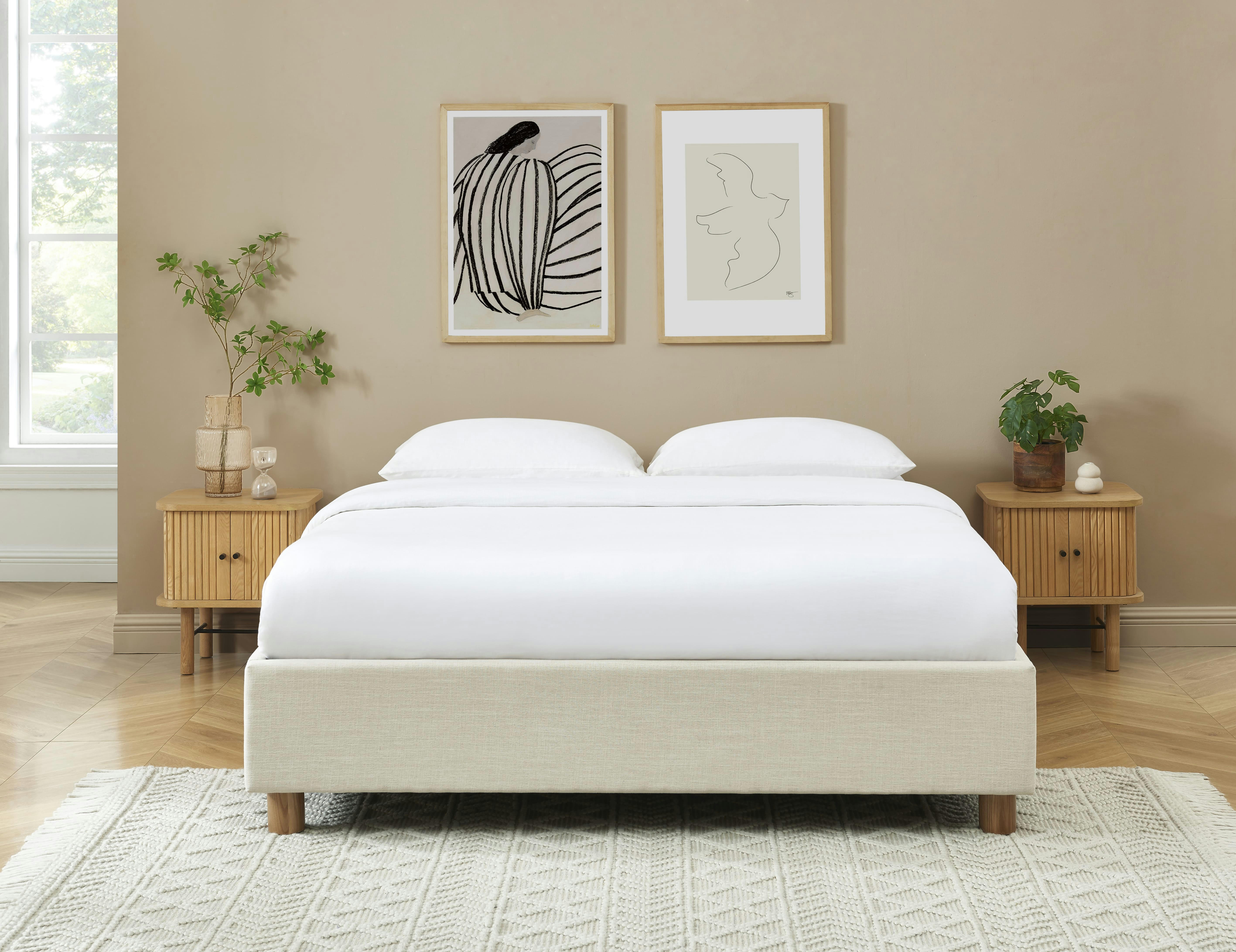 KORALL - Lit coffre  tissu beige lin 160x200 sommier