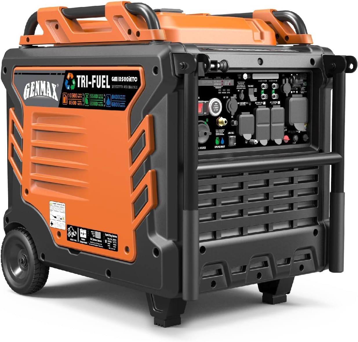 GENMAX Tri Fuel Generator 10500-Watt 458cc Tri Fuel Gasoline Propane Natural Gas Portable 50A Generator with Remote Start Ideal for Home backup power.
