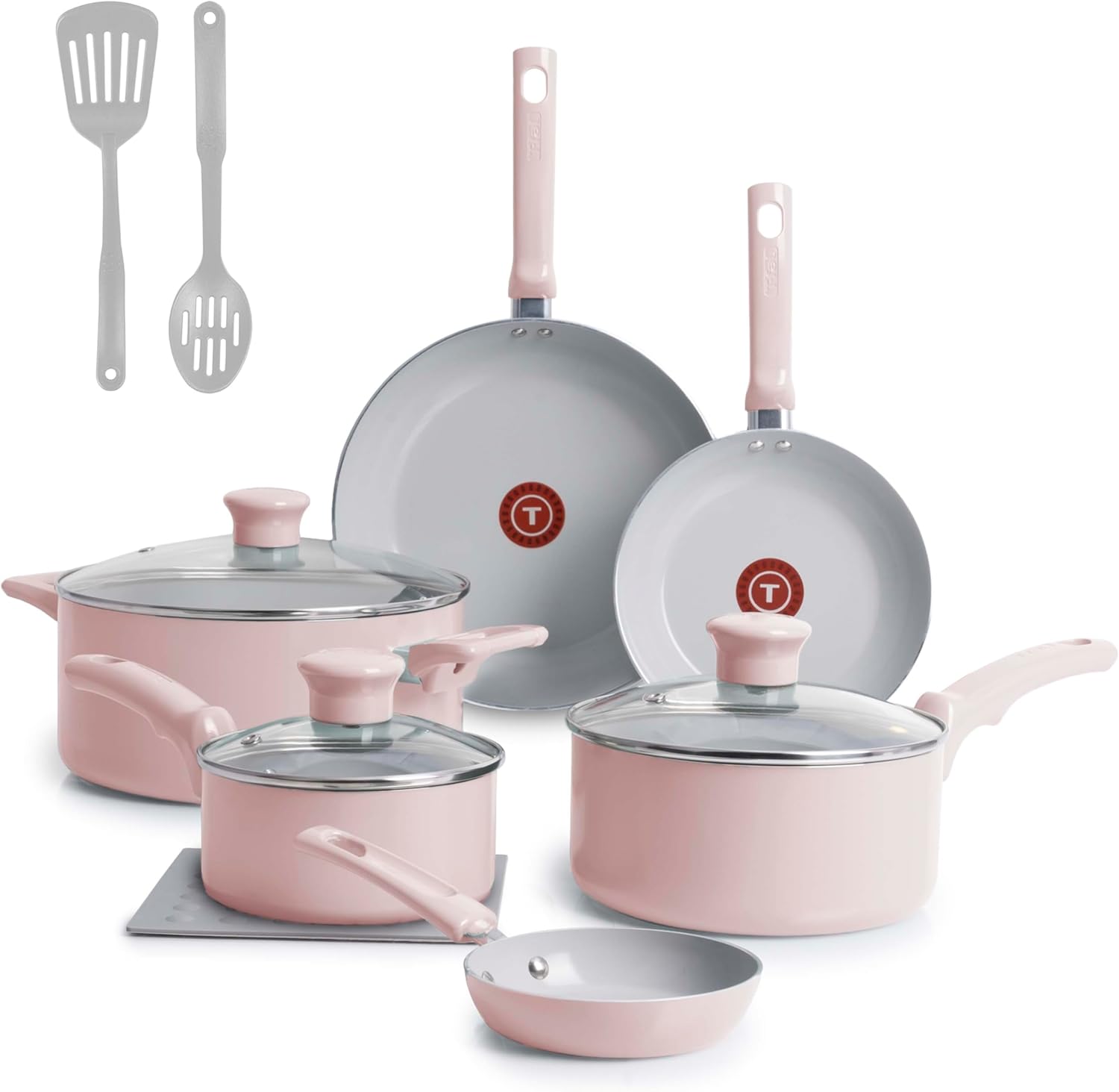 T-Fal Refresh Ceramic Nonstick Cookware Set, 12-Piece Ceramic Pots and Pans Set, Oven Safe to 350°F, Includes Stockpot, Griddle, Frying Pans, & Utensils, Dusty Rose