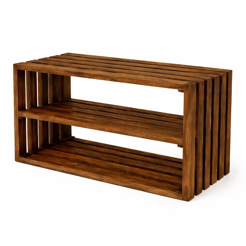 Rustic Wooden Shoe Rack Bench – 2 Tier Entryway Shelf, Early American