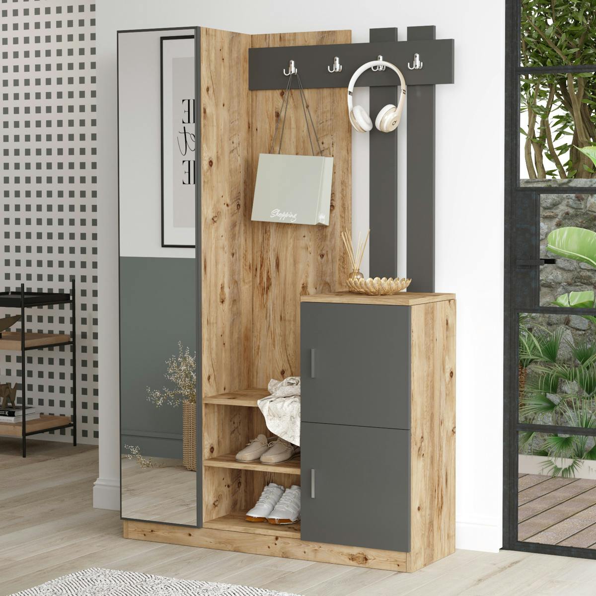 Vestiaire d’entrée 2 portes 1 miroir décor gris et bois MARFA