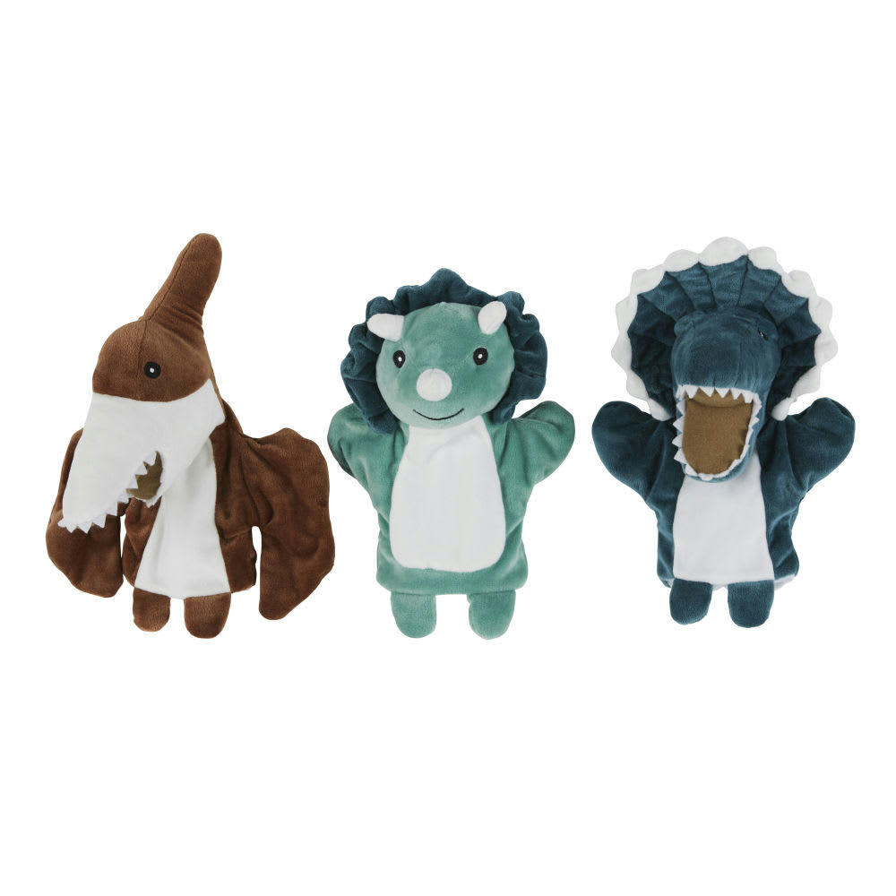 - Marionnettes de main dinosaure bleues, vertes, marron et blanches (X3)