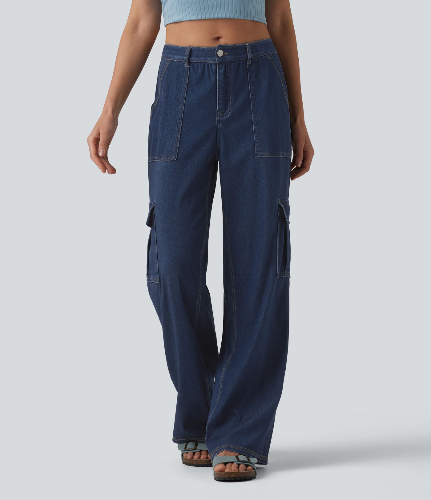 Jean droit cargo casual Halara Flex™ taille mi-haute en lyocell drapé délavé avec poches