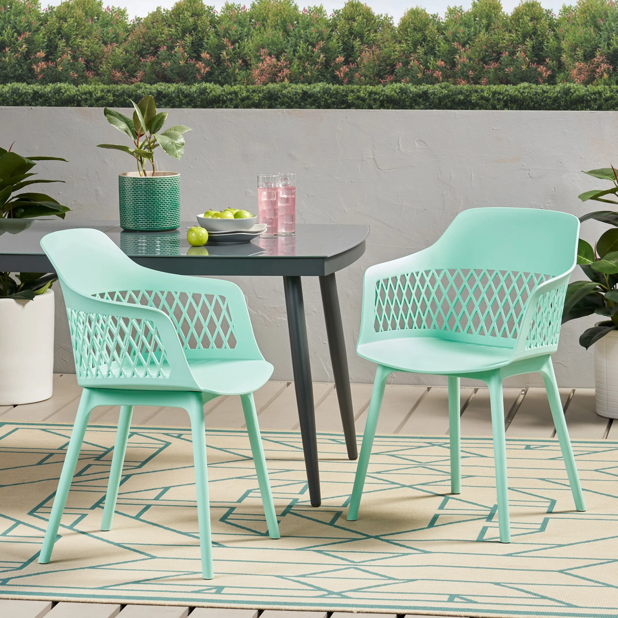 Roomfitters Outdoor Plastic Chairs with Lattice Back, Lightweight Patio Seating Set of 2, Modern Style