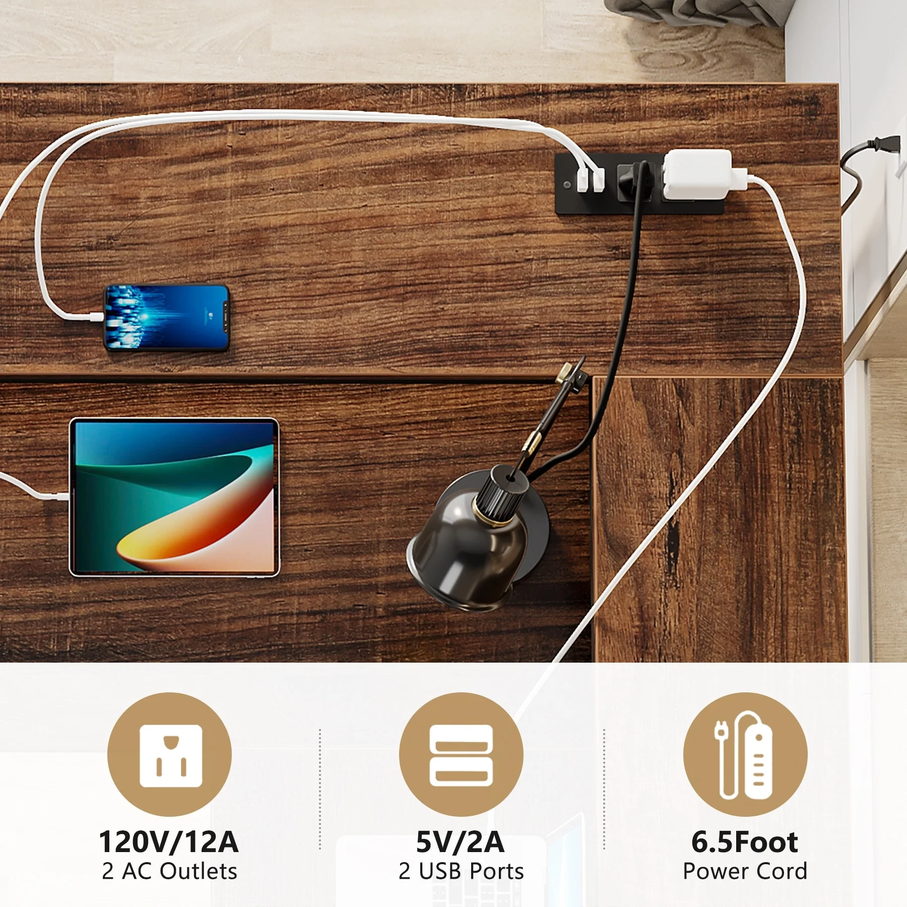 L Shaped Desk with Monitor Shelf & Power Outlets, Office Desk with Storage Shelves, Brown