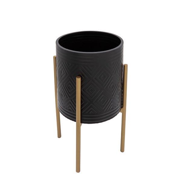 Set of 2 Aztec Planter On Metal Stand, Black, gold 23"H - 14.0" x 14.0" x 23.0"