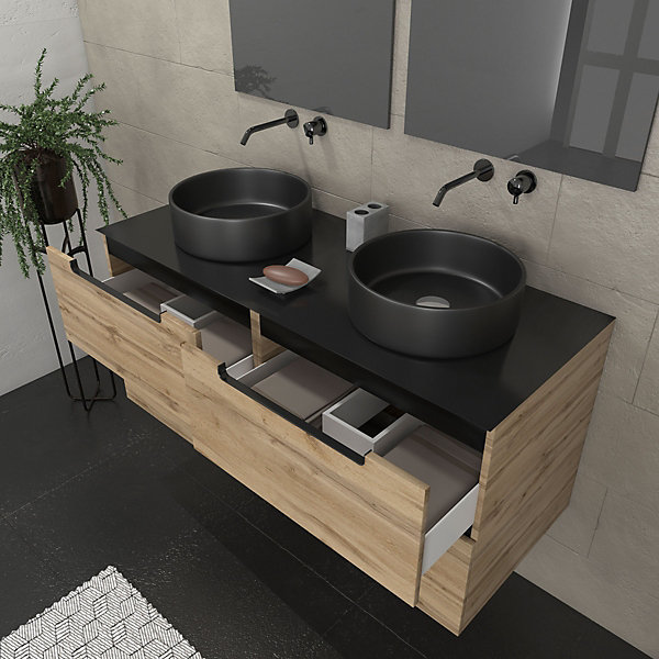 Meuble salle de bains 120cm Chene et noir, Vasques rondes Diam 36 et Miroirs avec appliques 55x75