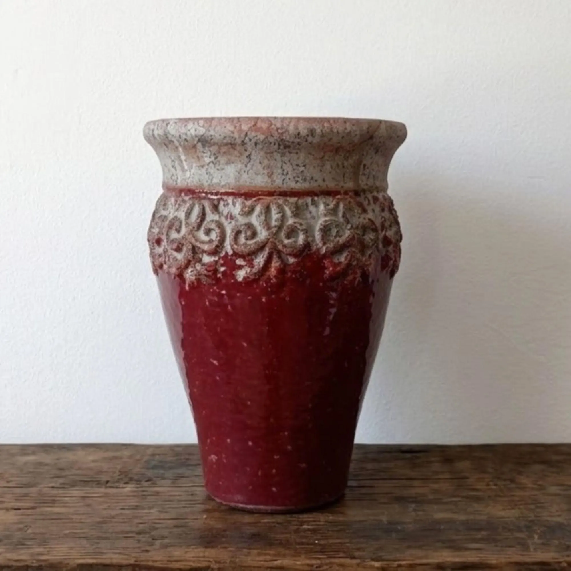 Vintage Red & Beige Ceramic Vase Two-Tone Raised Relief Scrollwork Terracotta