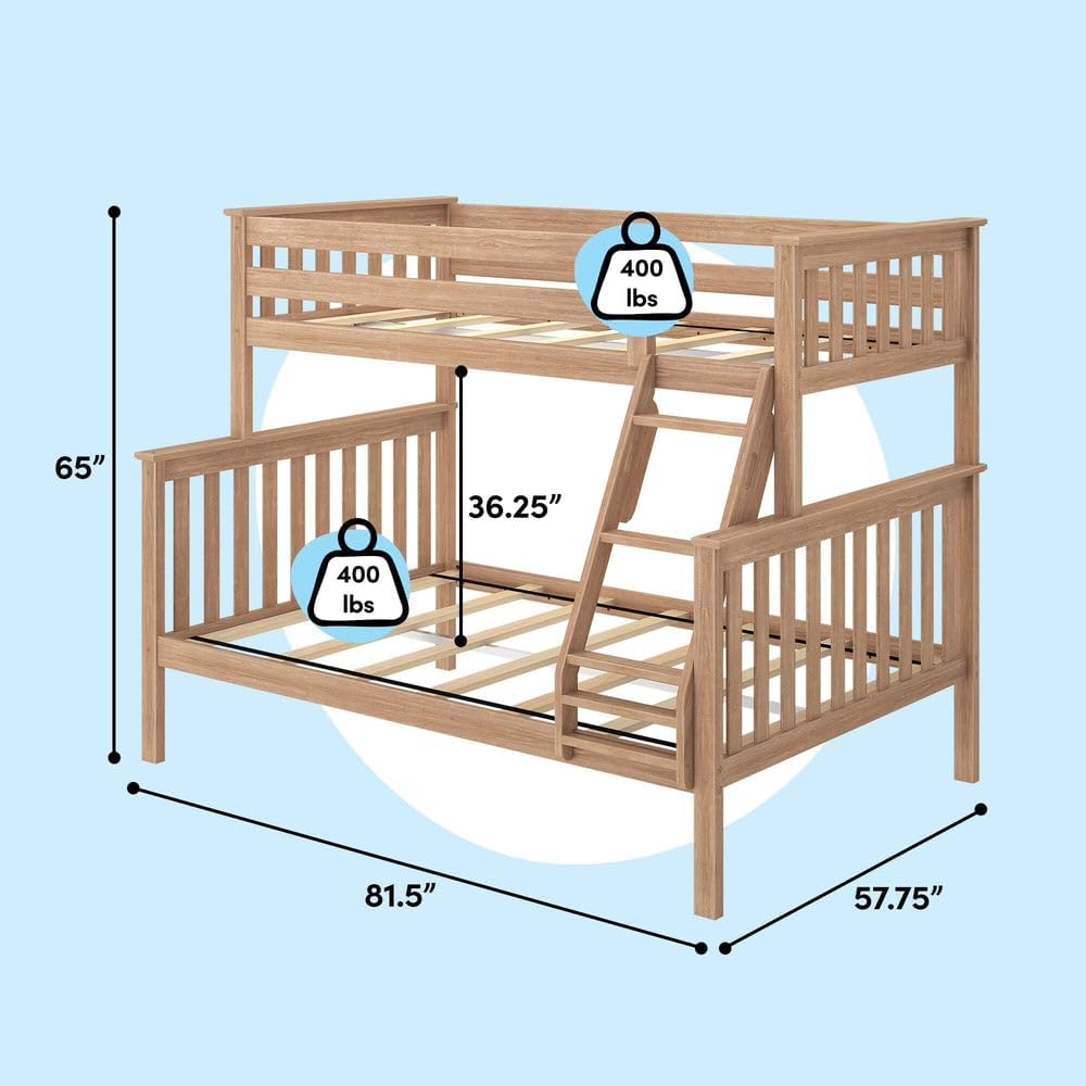Max & Lily Bunk Bed Twin Over Full Size with Ladder, Solid Wood Platform Bed Frame with Ladder for Kids, 14 Safety Guardrails, Easy Assembly, No Box Spring Needed, Pecan