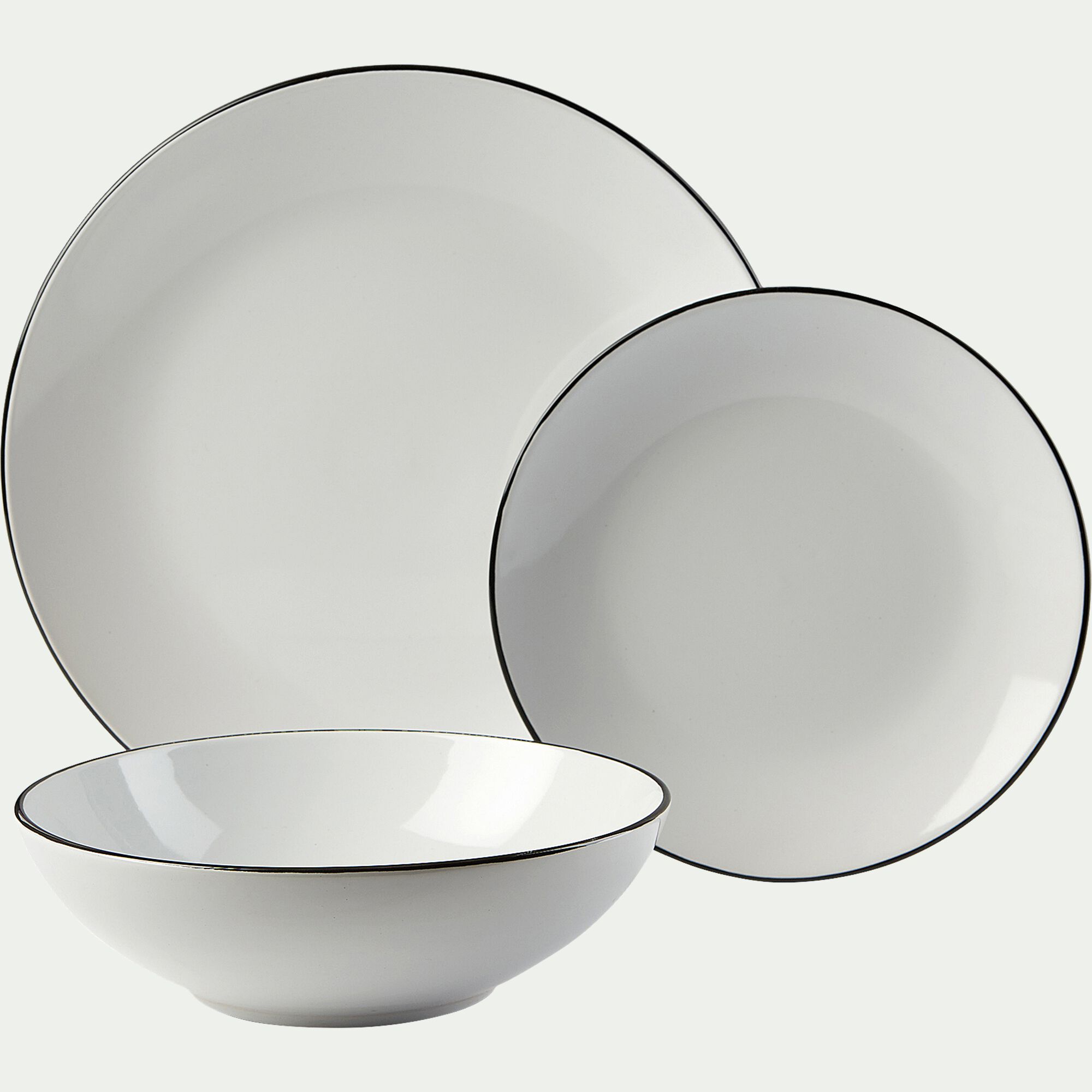 ANNE - Assiette plate en grès avec liseré noir D26,8cm - blanc