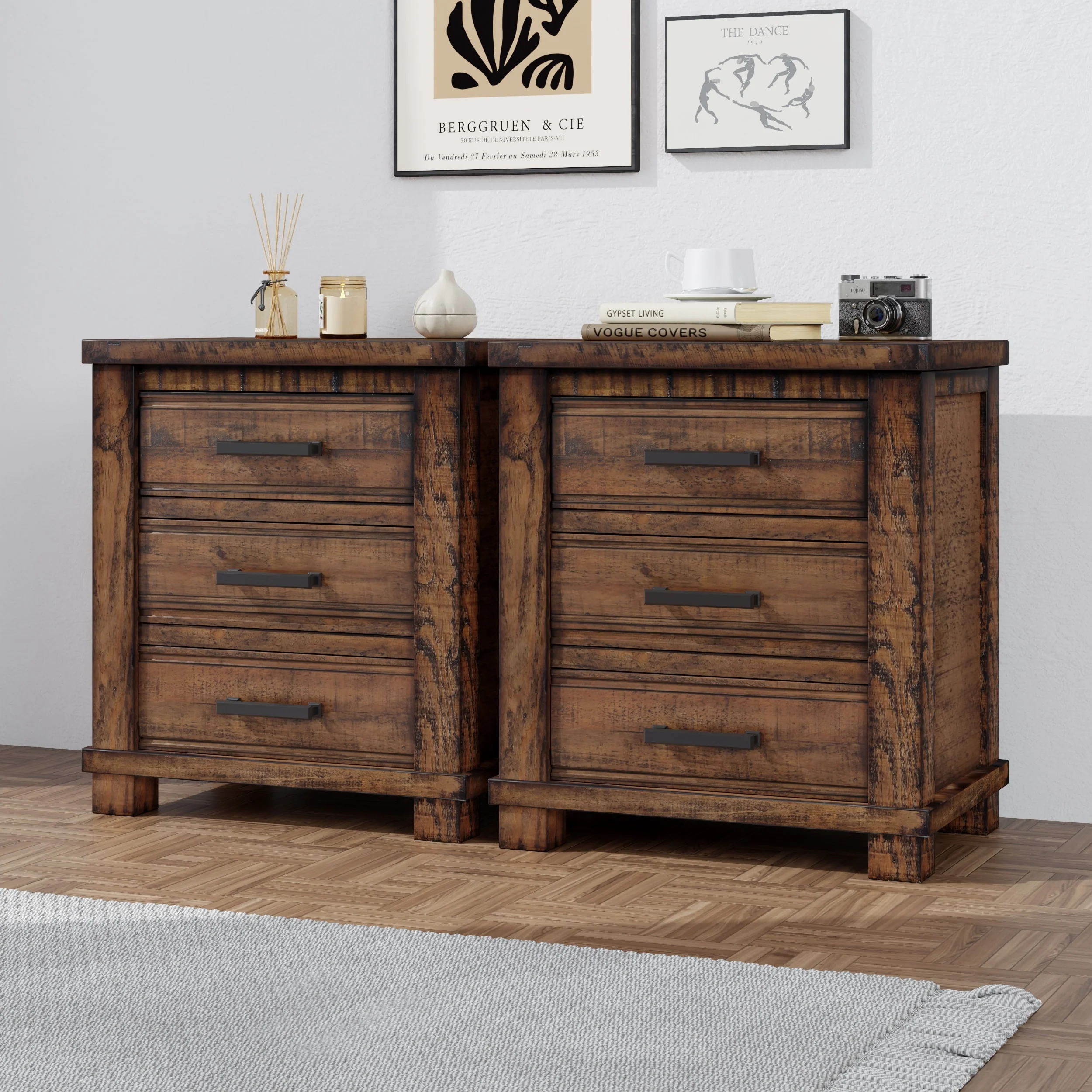 Roomfitters Rustic Farmhouse Nightstand Set of 2, Three-Drawer Design, Crafted from Reclaimed Solid Wood, Natural