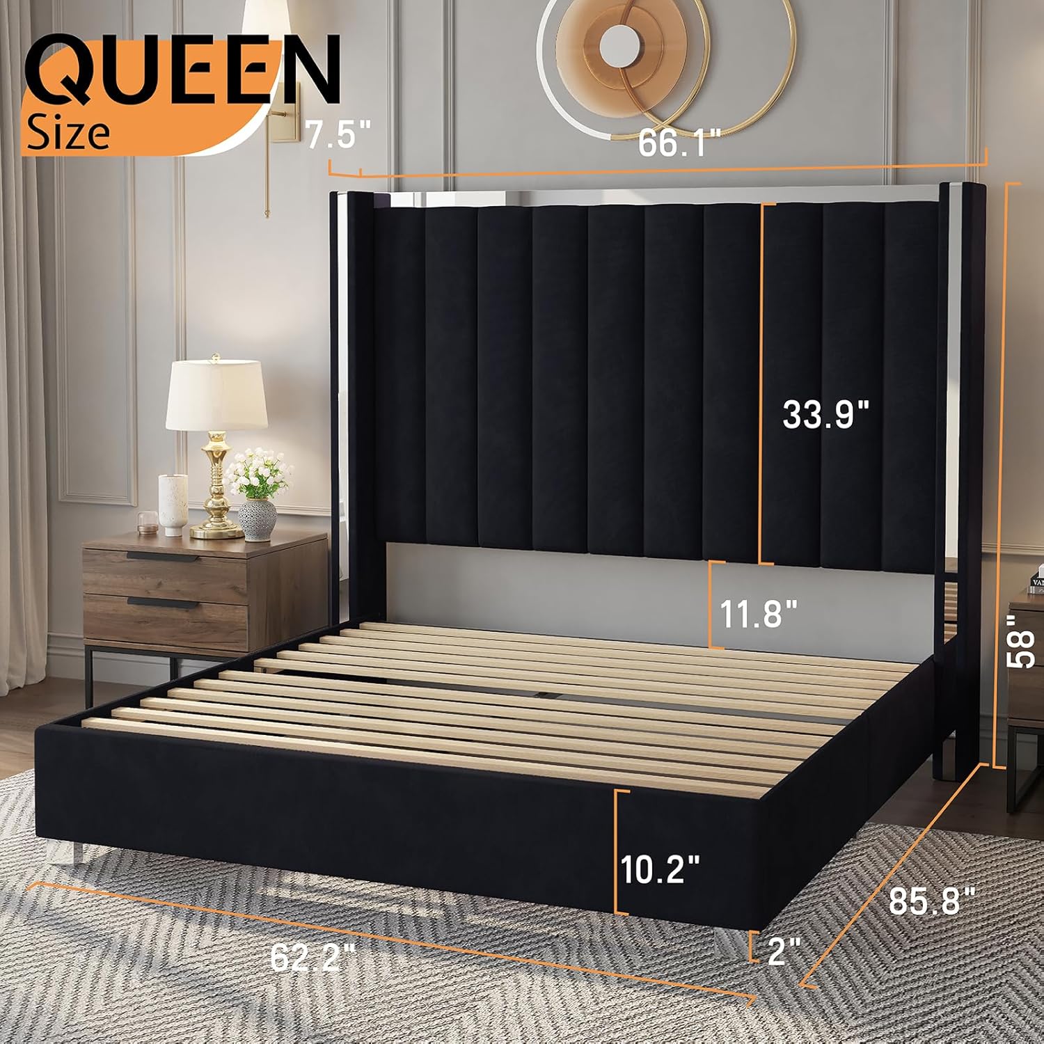 Jocisland Queen Size Bed Frame with 58 Tall Headboard, Velvet Upholstered Platform Bed with Channel Tufted Wingback Headboard and Plating Trim, No Box Spring Needed, Black