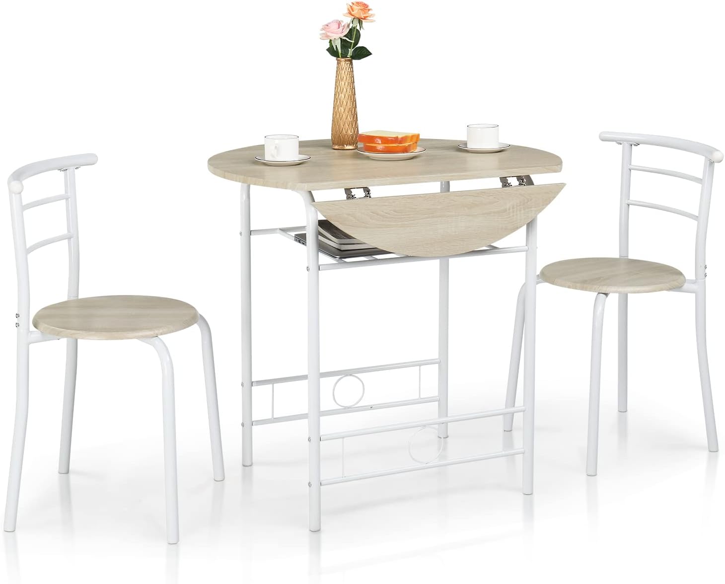 VINGLI 31.5 Drop Leaf Dining Table Set for 2, 3 Pieces Dining Table with Chair for Small Space, Small Kitchen Extendable Folding Dining Table for Dining Room，Home, Apartment, Saving Places, White Oak