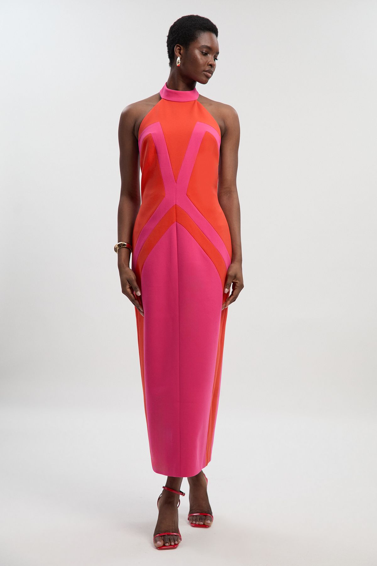 KarenMillen Compact Stretch Colour Block Tailored Halter Neck Midi Dress