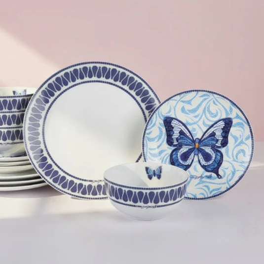 Dolly Parton Mosaic Blue Butterfly 12 Piece Dinnerware Set Service for 4