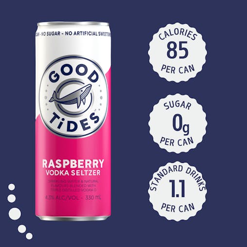 Good Tides Hard Seltzer Raspberry, Zero Sugar, Low Calorie, Refreshing Spritzed Drink, 4.3% ABV, 330mL (Case of 24 Cans)