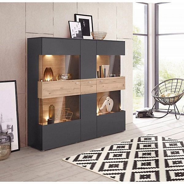 Armoire vitrine 150 cm 3 portes décor bois clair et gris - MARBELLA