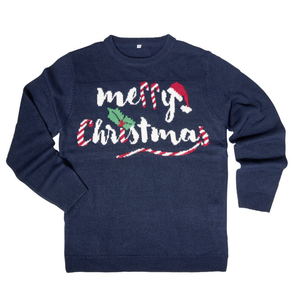 Pull de No&euml;l adulte "Merry Christmas" bleu marine S/M ou L/XL