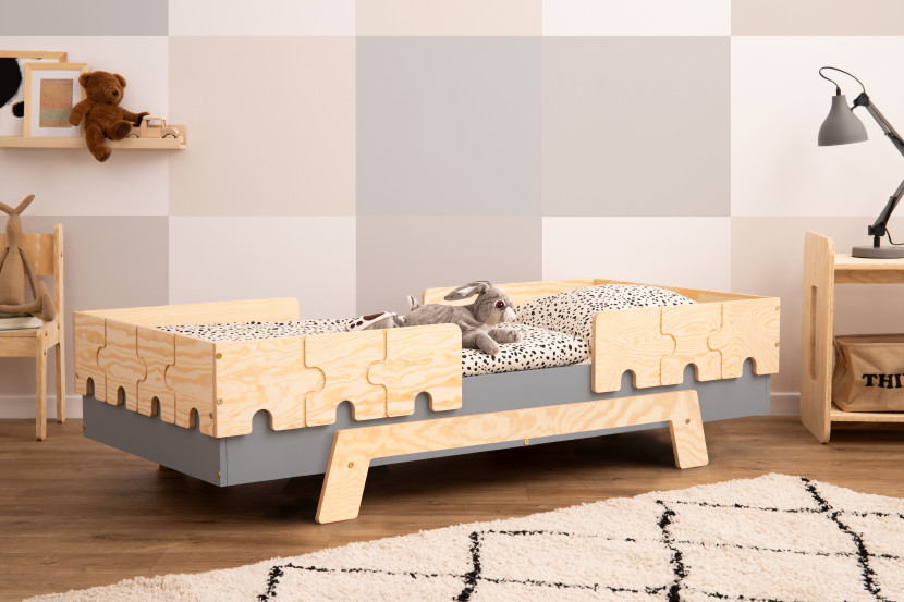 Łóżko poj. drewniane PUZZLE BR2 Szare z barier. - SMARTWOOD®