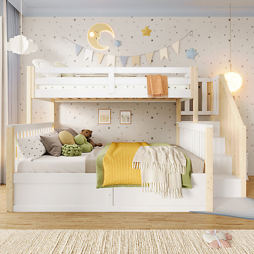 Lit superposé 90x200cm   140x200cm - avec échelle - avec espace de rangement - blanc   naturel (matelas non inclus)