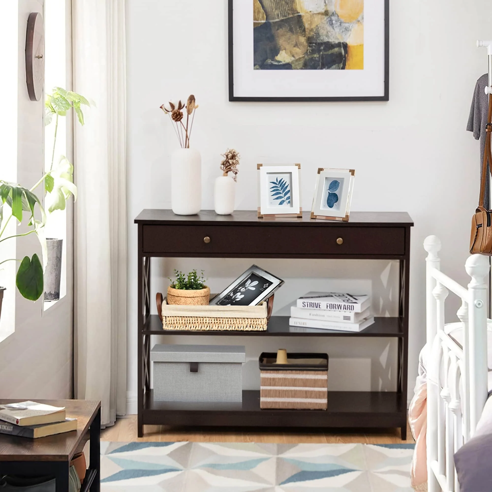 Costway 3-Tier Console Table X-Design Sofa Entryway Table with Drawer