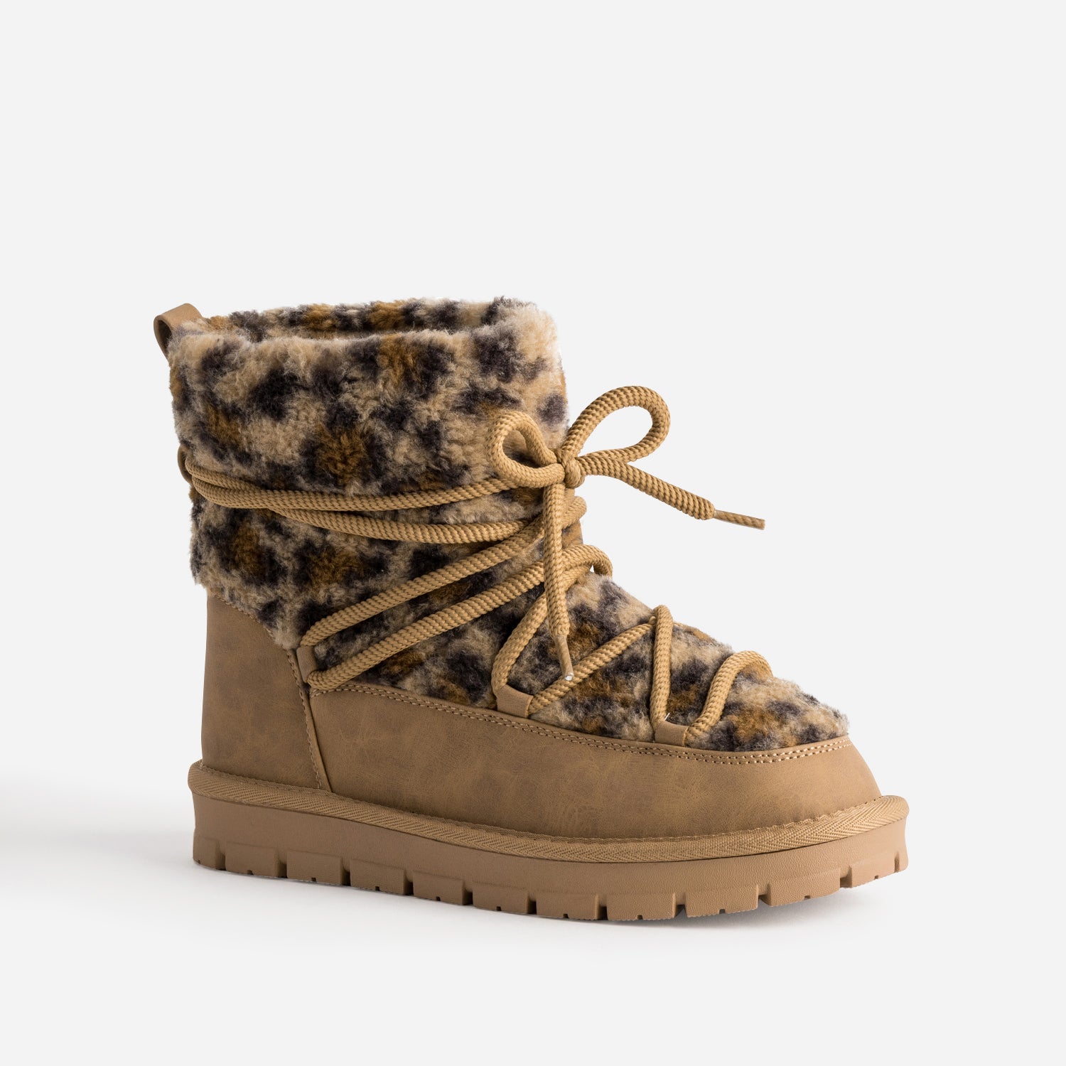 Boots camel motif léopard fourré bi-matière
