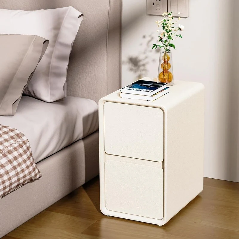Modern Leather Nightstand with Solid Wood Drawers, Storage Decorative Table, Small Side Table for Bedroom