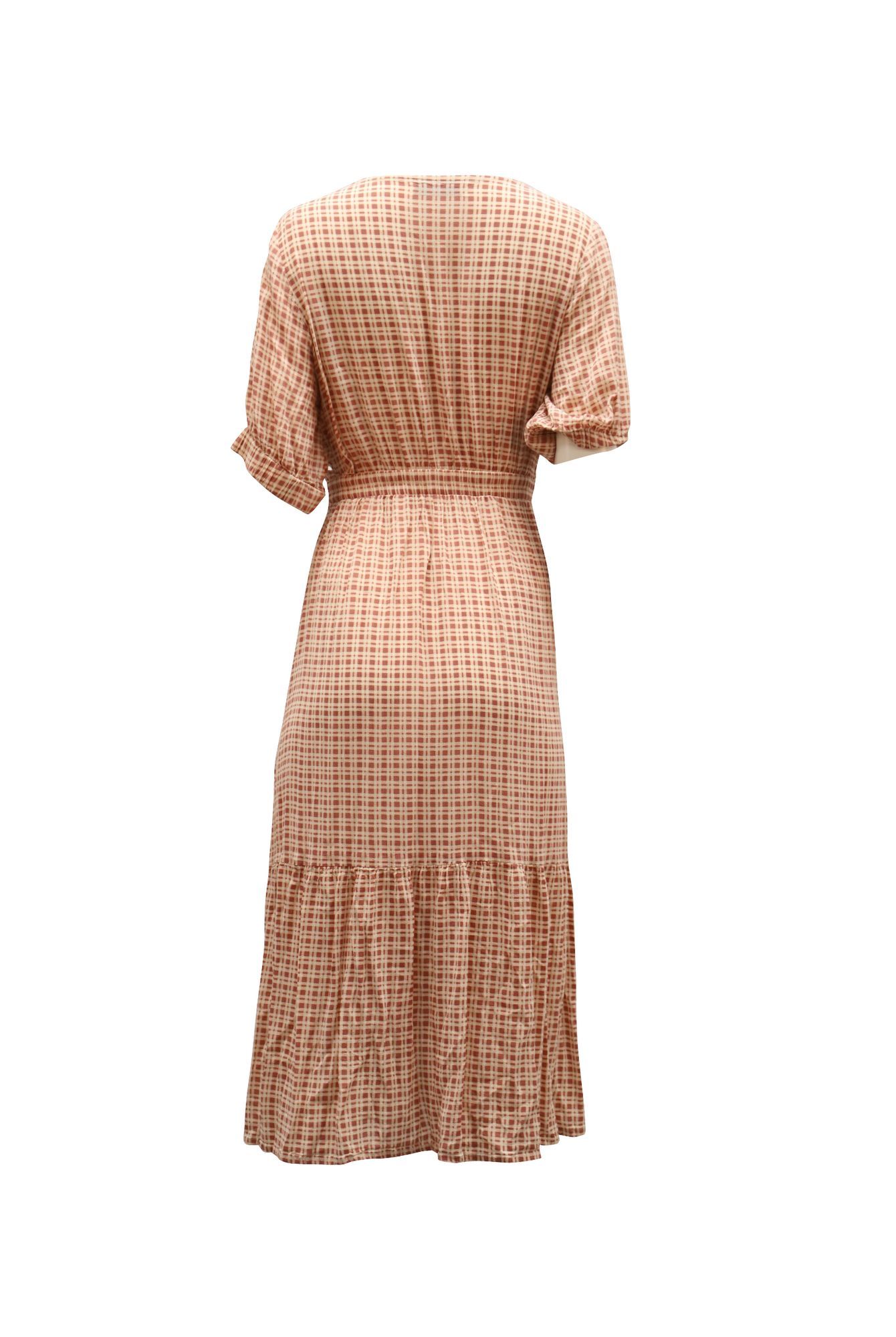 Faithfull The Brand Preloved Maple Check-Tie Front Midi Dress in Pastel Pink Rayon