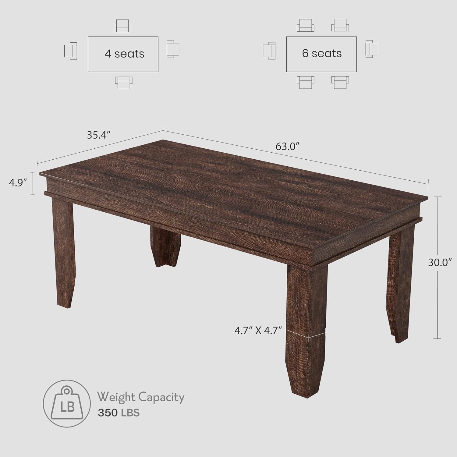 GarveeHome Farmhouse Dining Table for 4-6 People, 63 in Long Kitchen Tables with Wooden Sturdy Frame, 5 ft Large Rectangular Dinner Table for Dining Room, Kitchen, Dark Walnut, 63 Non-extendable