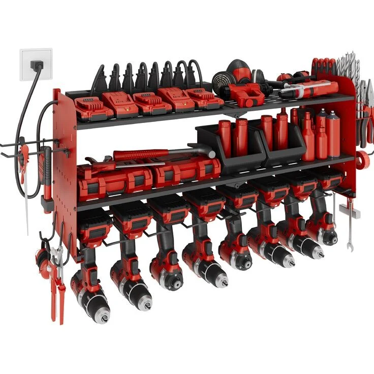 Power Tool Organizer with Charging Station Garage 8 Drill Holders Wall Mount with 8 Outlets Power Strip