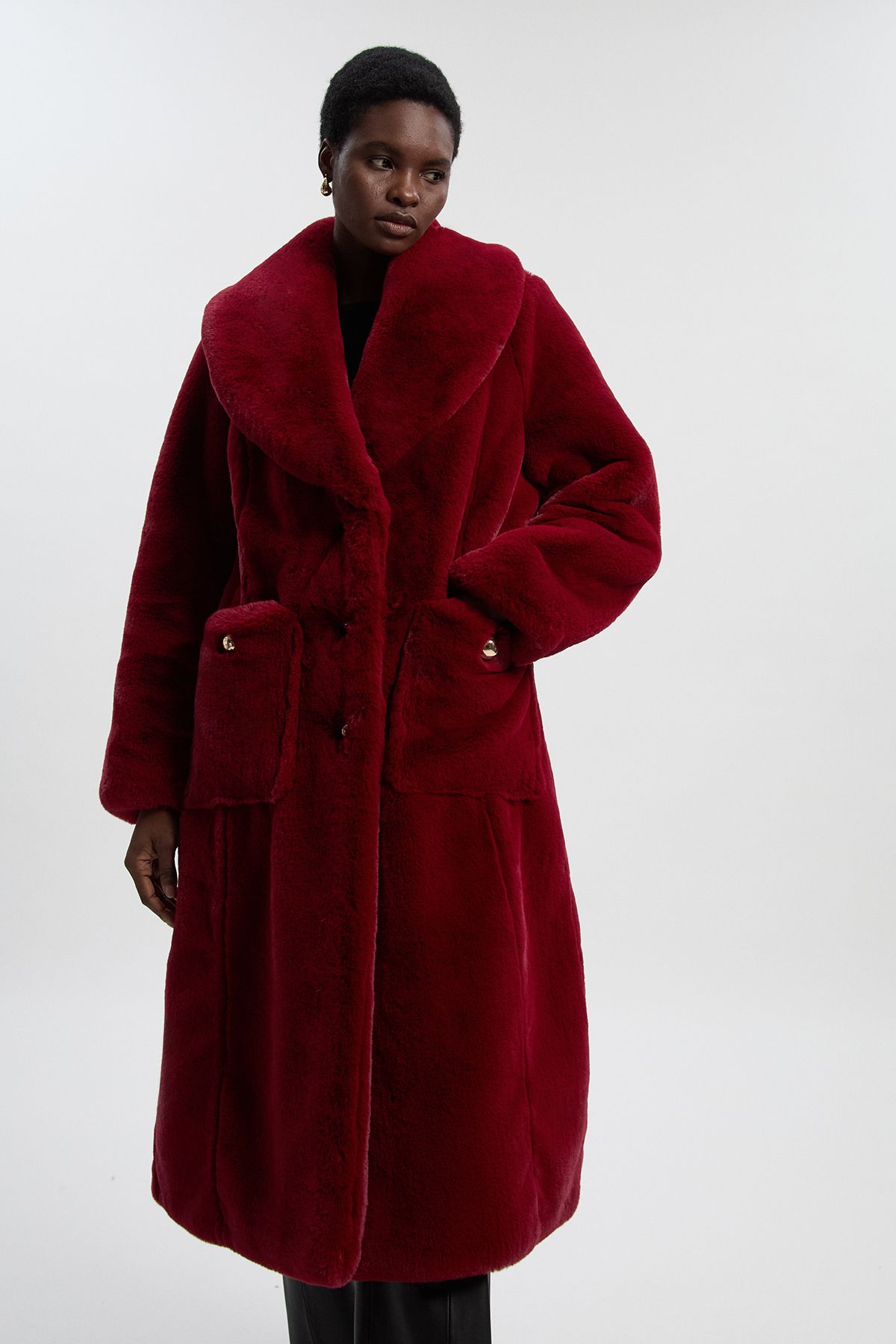 KarenMillen Petite Faux Fur Buttoned Midi Coat